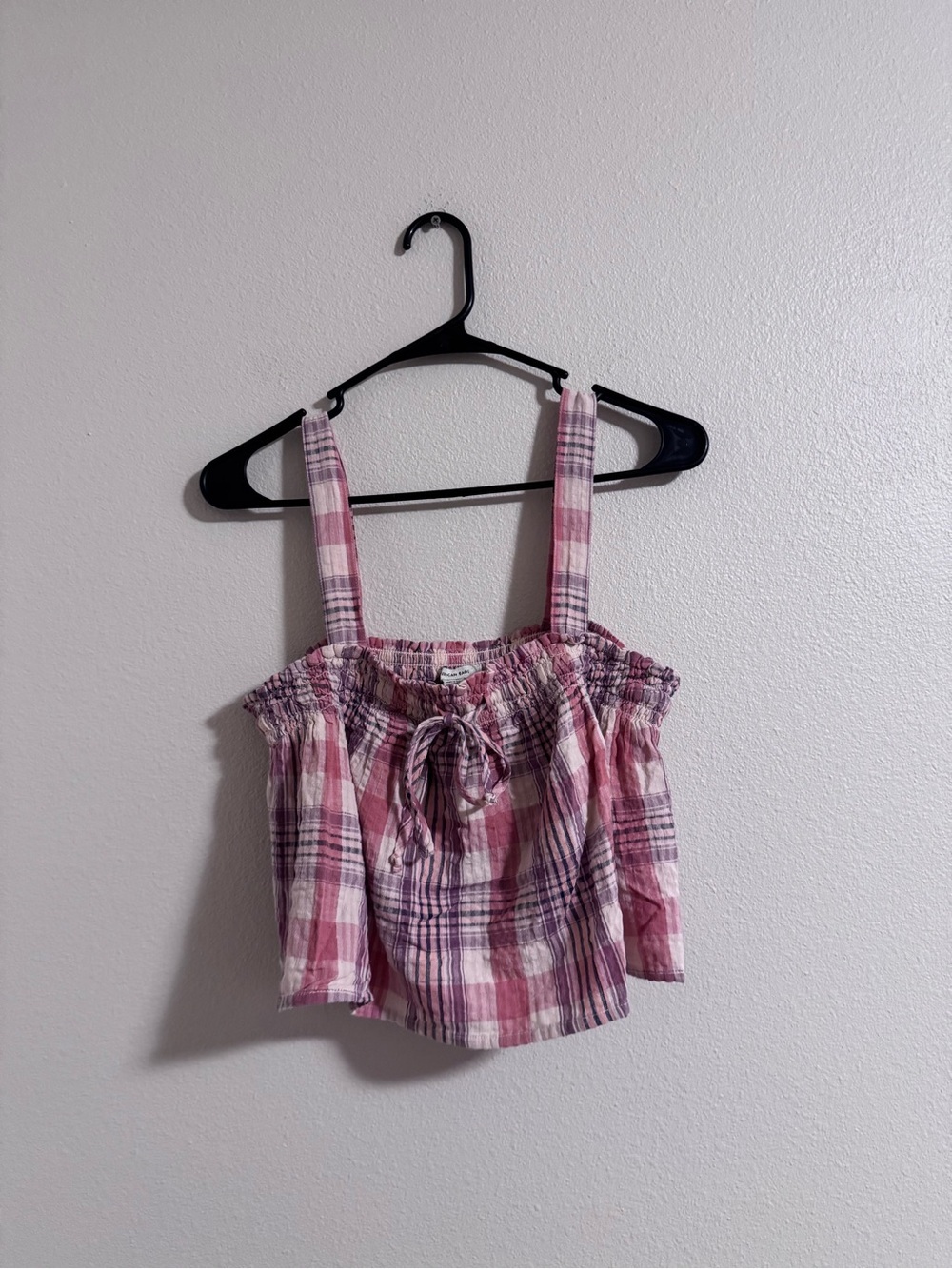 NWT American Eagle Outfitters Pink Plaid Smocked Tie-Front Tank